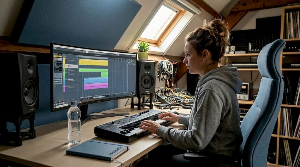 Ein Produzent arbeitet zu Hause in seinem Studio mit einer Musikproduktionssoftware.
