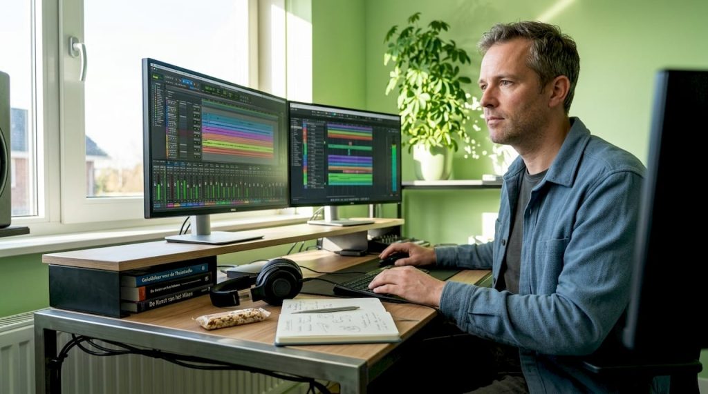 Der Studiobesitzer arbeitet gerade an einem neuen Audio- und Videoprojekt.