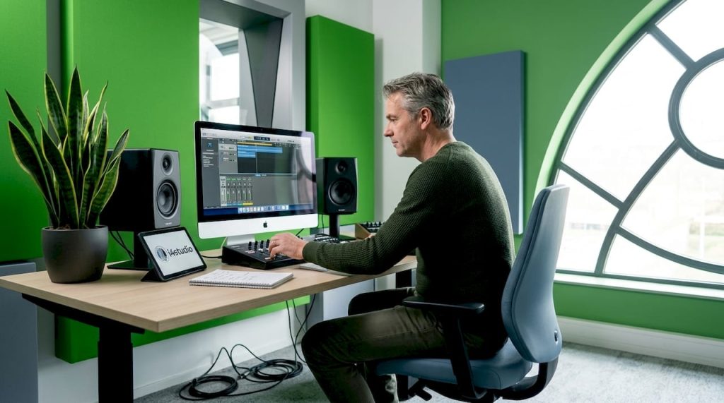 Radiostudio mit einem Computer, verschiedenen Tongeräten und einem Moderator bei der Arbeit