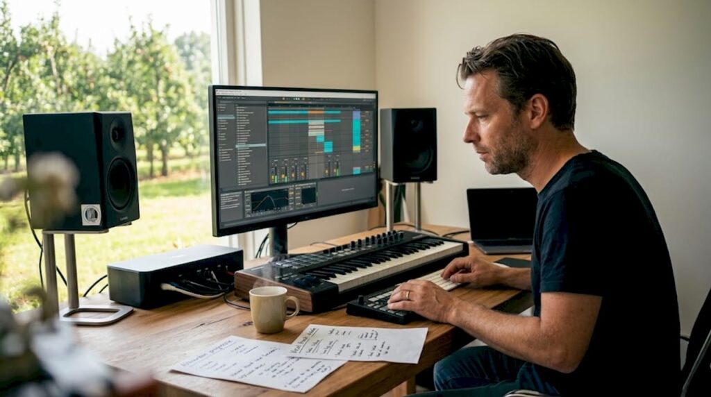 Ein Musikproduzent arbeitet von zu Hause aus und macht ausgiebig Gebrauch von Sample-Libraries.
