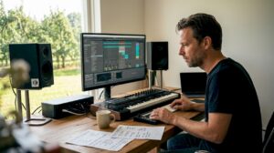 Ein Musikproduzent arbeitet von zu Hause aus und macht ausgiebig Gebrauch von Sample-Libraries.