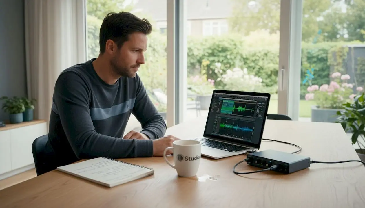 Audioknacken bei geringer Puffergröße: die Lösung 2 Een audio-interface aangesloten op een laptop, gewoon bij iemand thuis.