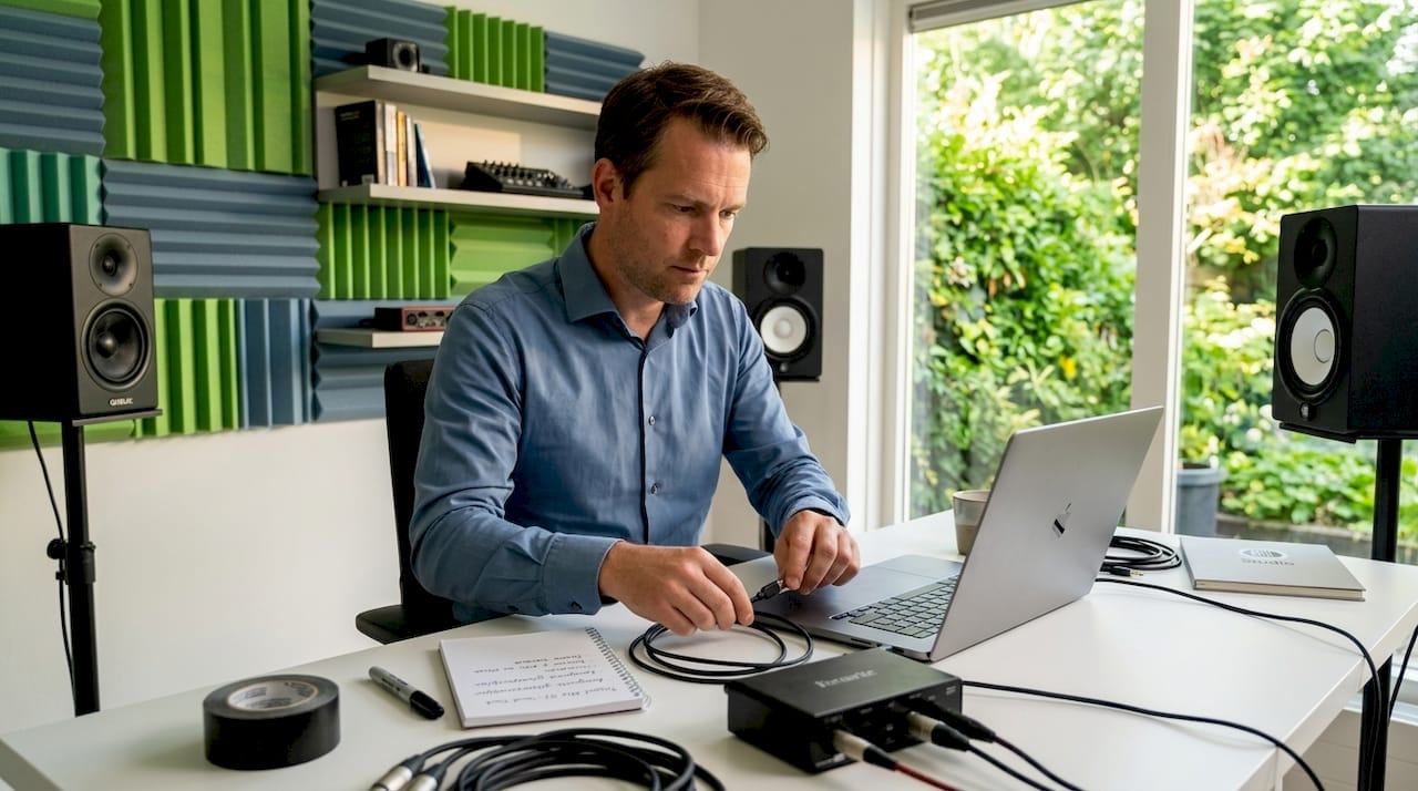 Schrittweiser Anschluss von Audio-Interfaces im Jahr 2026 1 Man installeert audio-interface in zijn thuisstudio