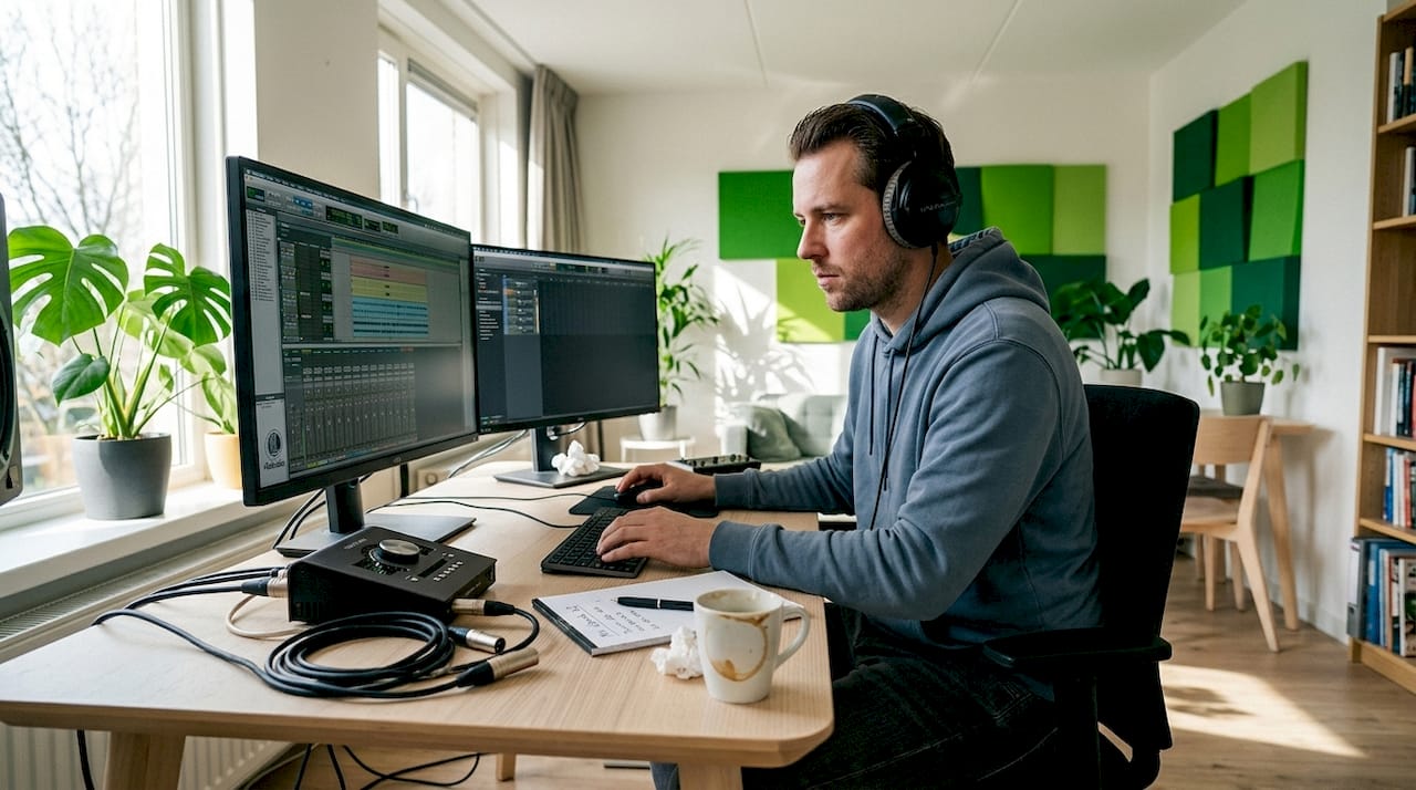 Audio-Routing erklären: Ihren Signalfluss in den Griff bekommen 1 Producer controleert de signaalstromen in zijn thuisstudio