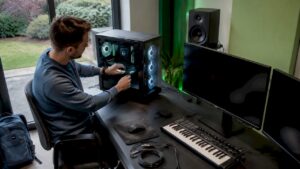 Een technicus stelt de hardware van de studio-pc bij
