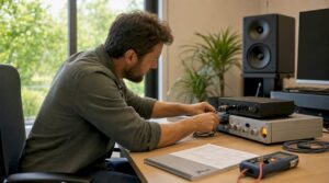 Man legt bekabeling aan en installeert apparatuur in een opnamestudio.