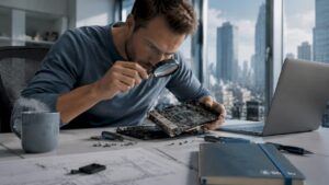 Een ingenieur controleert de chips voor de CPU, GPU en NPU op hun werking en kwaliteit.