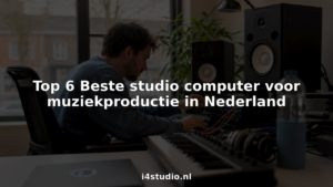 Een muziekproducer aan het werk achter zijn computer in de studio, verbonden met een audio-interface.
