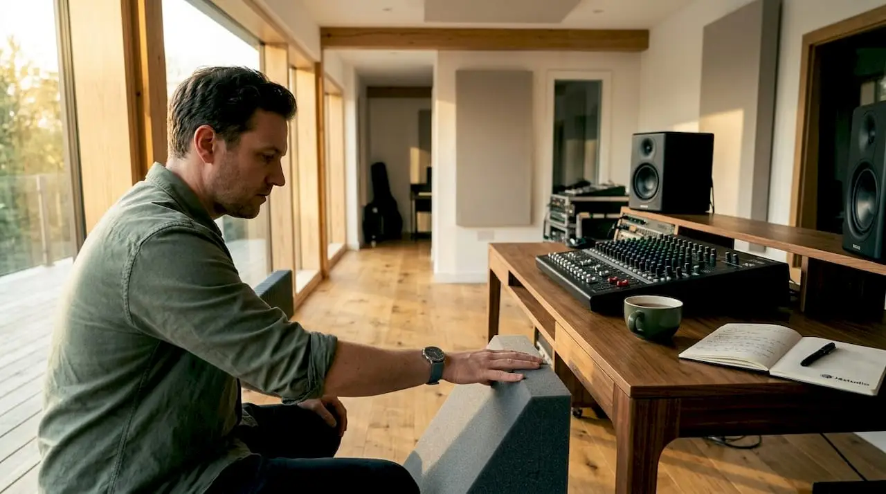 Warum akustische Bassfallen in Ihrem Studio unverzichtbar sind 4 Een muzikant bekijkt in de studio aandachtig de basstrap.