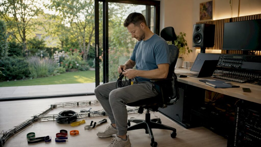 Een technicus werkt kabels netjes weg in een opnamestudio aan huis.