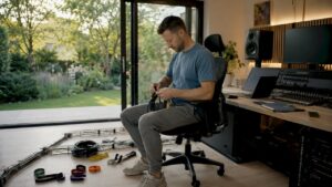 Een technicus werkt kabels netjes weg in een opnamestudio aan huis.