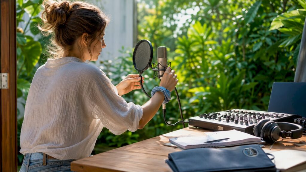 Een producer stelt in zijn thuisstudio zorgvuldig de microfoon af.