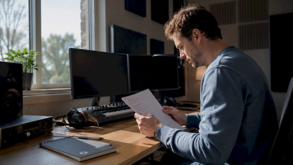 Der Tontechniker geht die Checkliste für den Studiocomputer durch