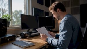 Der Tontechniker geht die Checkliste für den Studiocomputer durch