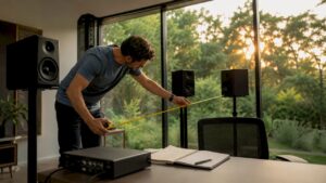 Man die zijn studio monitoren zorgvuldig opstelt in zijn thuisstudio