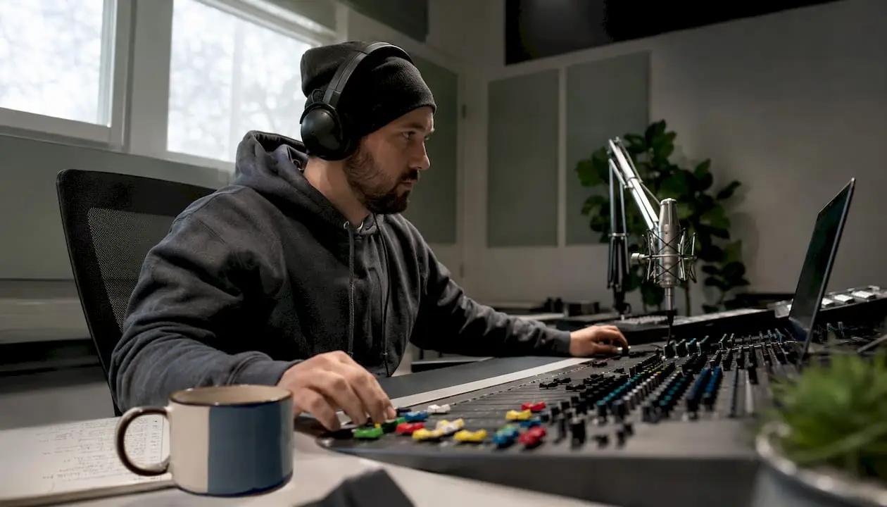 Een geluidstechnicus is aan het werk in de studio en luistert nauwkeurig mee via zijn koptelefoon.