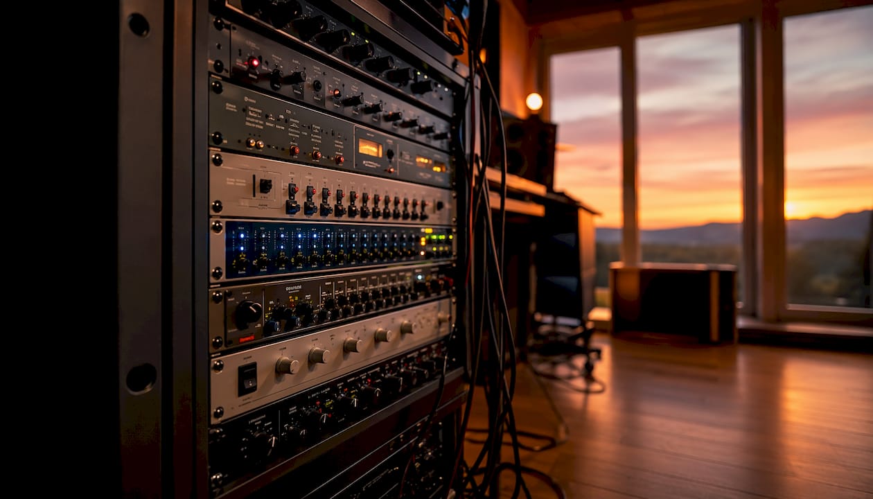 Rackkast in de studio vol met professionele audioapparatuur