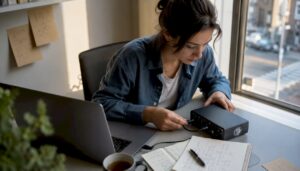 Thuis sluit een vrouw haar nieuwe audio-interface aan