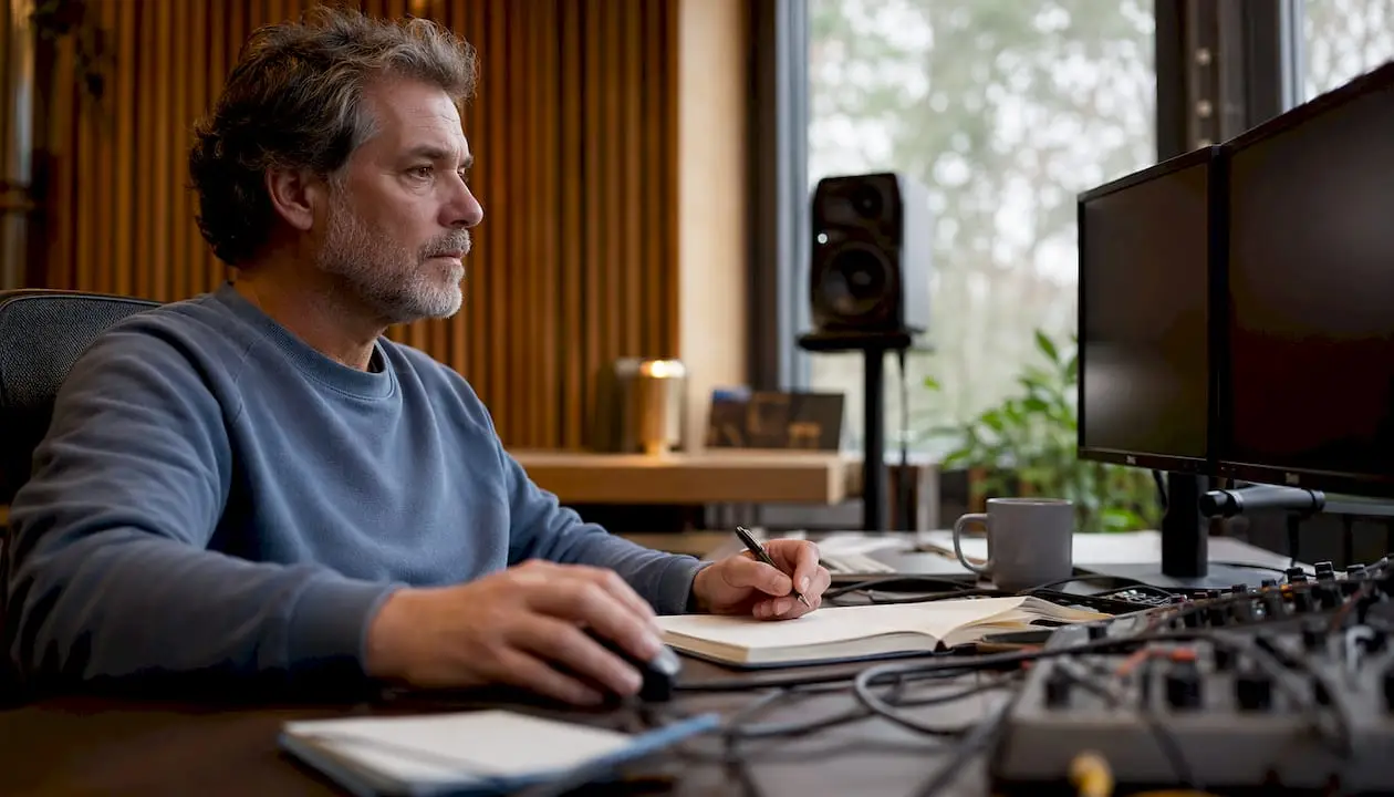 Warum Dual-Monitor-Konfigurationen jedes Studio verbessern 6 Een geluidstechnicus werkt in de studio met twee beeldschermen naast elkaar.
