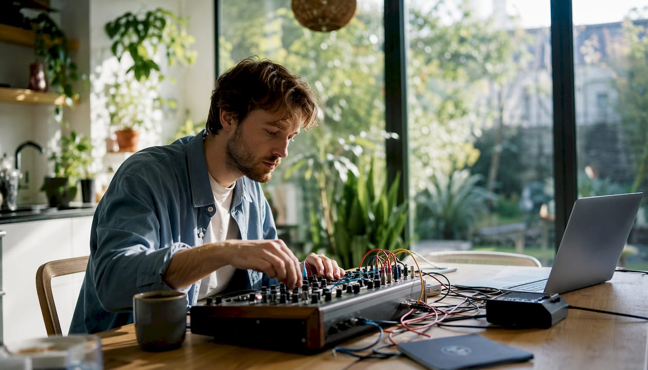 Erläuterungen zu Audiosynthesizern für Musiker und Produzenten 5 Een muzikant draait aan de knoppen van een analoge synthesizer om het geluid precies goed af te stellen.