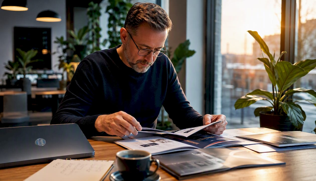 Die besten Alternativen zu Studiocare für niederländische Käufer 8 Een man bekijkt verschillende alternatieven voor Studiocare aan zijn bureau.