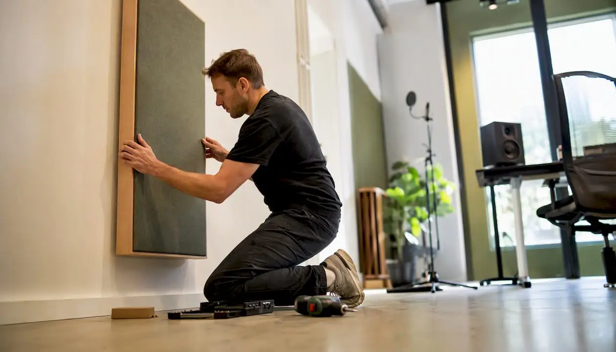 Welche Dicke müssen Akustikplatten haben? 3 Een paar handen bevestigen een dik geluidsabsorberend paneel aan de muur van een thuisstudio.