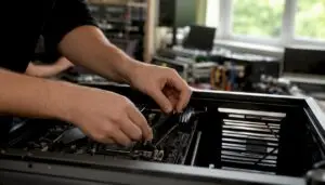 Iemand plaatst nieuwe RAM-geheugenmodules in een pc in de studio.