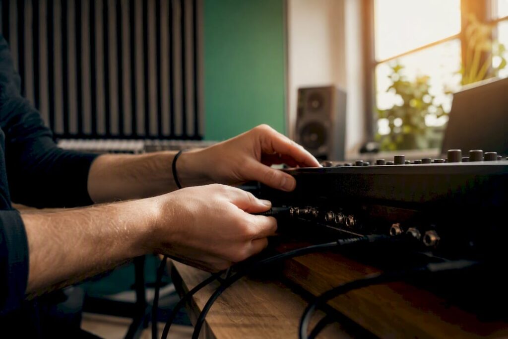 Hände, die Kabel an einen Hardware-Synthesizer anschließen