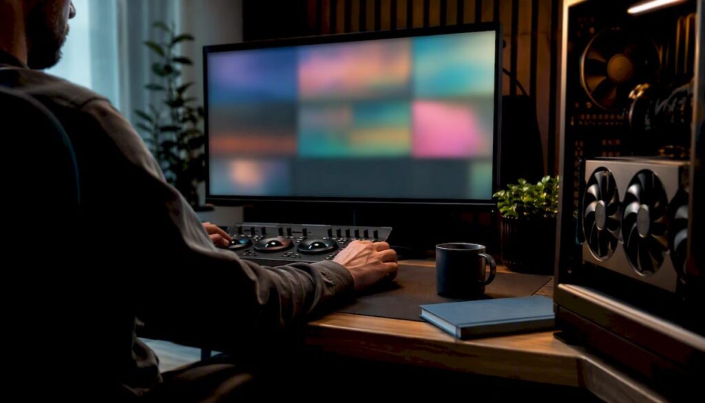 Arbeitsplatz für die Videobearbeitung mit nicht näher spezifizierter PC-Hardware
