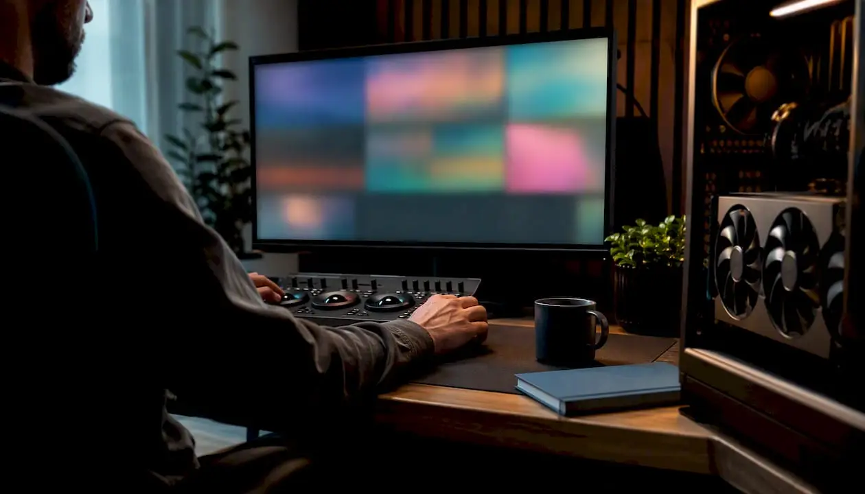 Arbeitsplatz für die Videobearbeitung mit nicht näher spezifizierter PC-Hardware