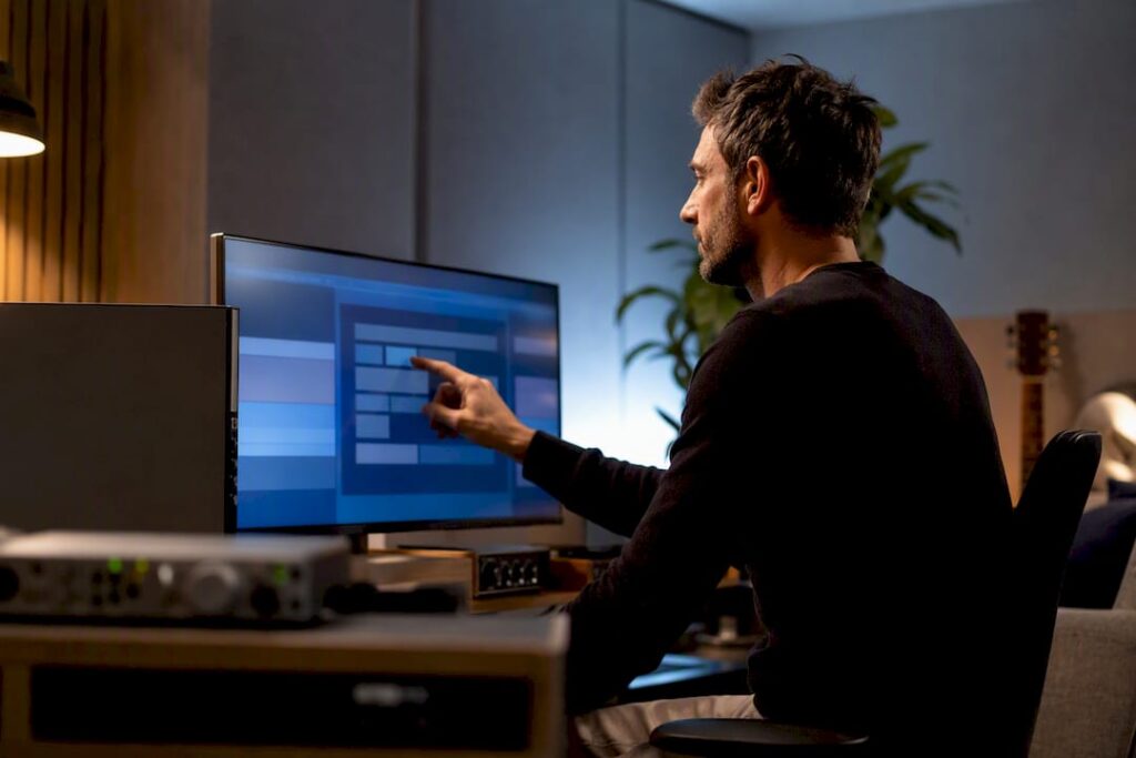 Techniker, der die Audioeinstellungen im Studio optimiert
