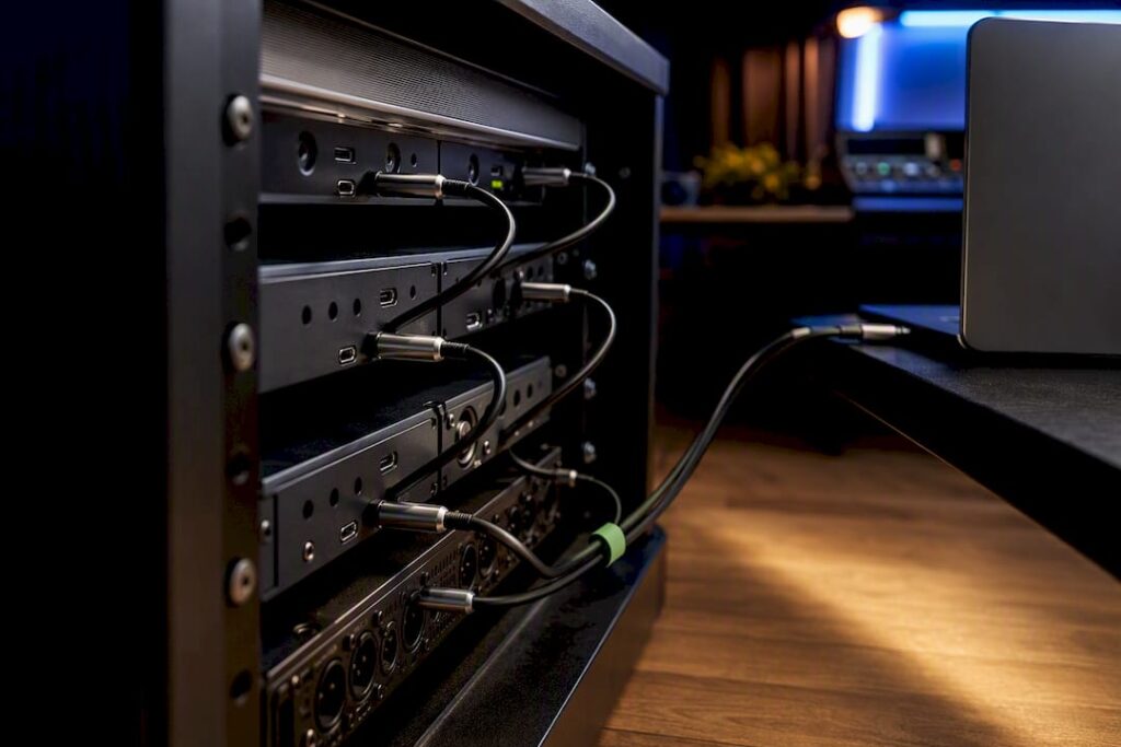 Thunderbolt-Kabel hinter Audiogeräten