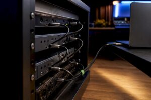 Thunderbolt-Kabel hinter Audiogeräten