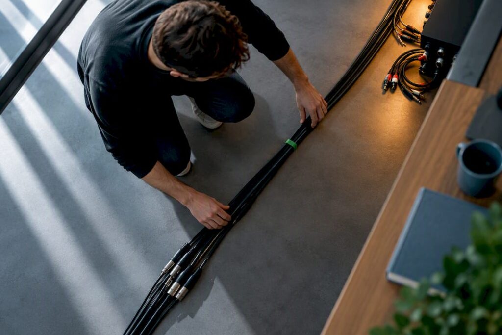Symmetrische Studiokabel, ordentlich entlang der Geräte verlegt