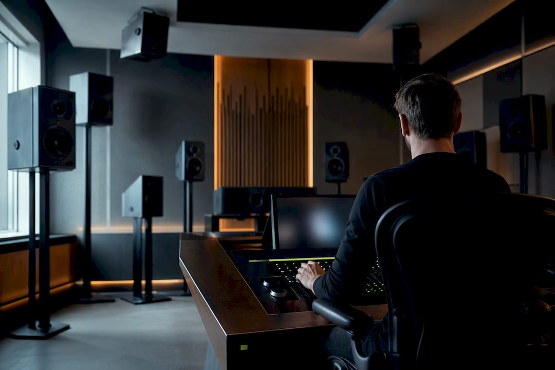 Atmos-Steuerraum mit Surround-Lautsprecheranordnung