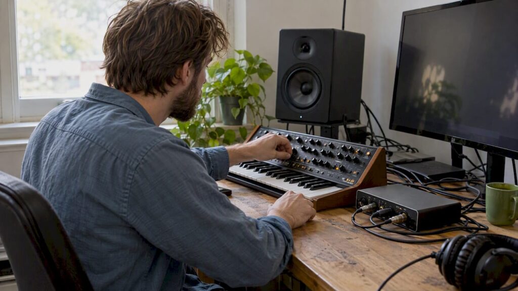Hardware-Synthesizer, der an ein Audio-Interface angeschlossen ist