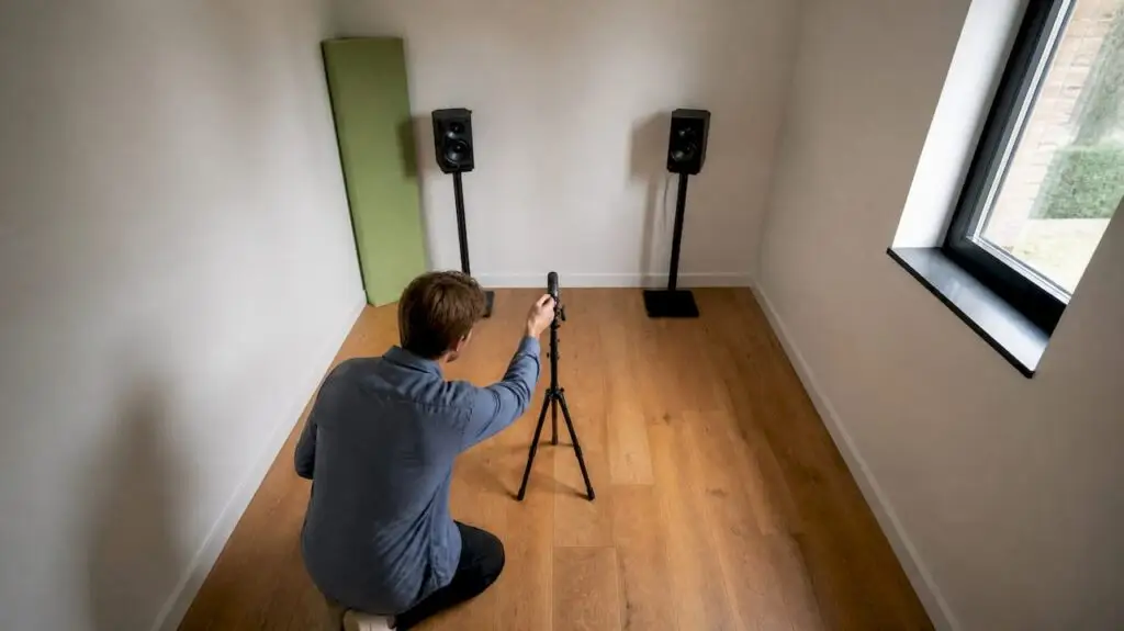 Heimstudio mit Aufnahmemikrofon und Monitorlautsprechern
