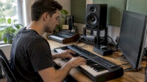 Der Produzent arbeitet in seinem eigenen Studio mit KI