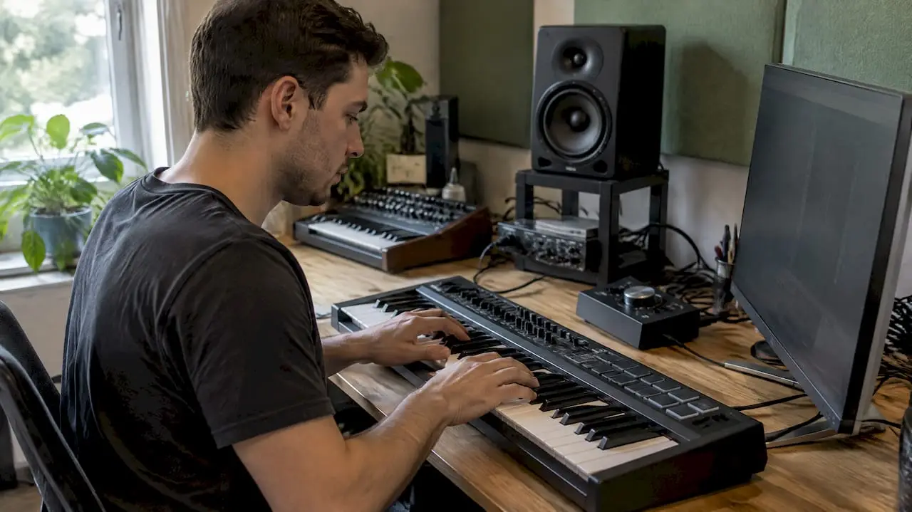 Der Produzent arbeitet in seinem eigenen Studio mit KI
