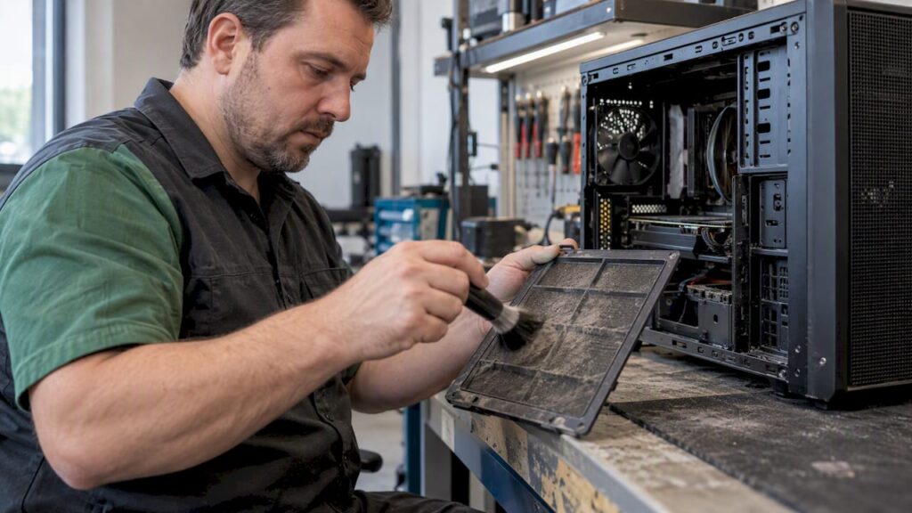Ein Techniker reinigt einen PC-Filter auf der Werkbank