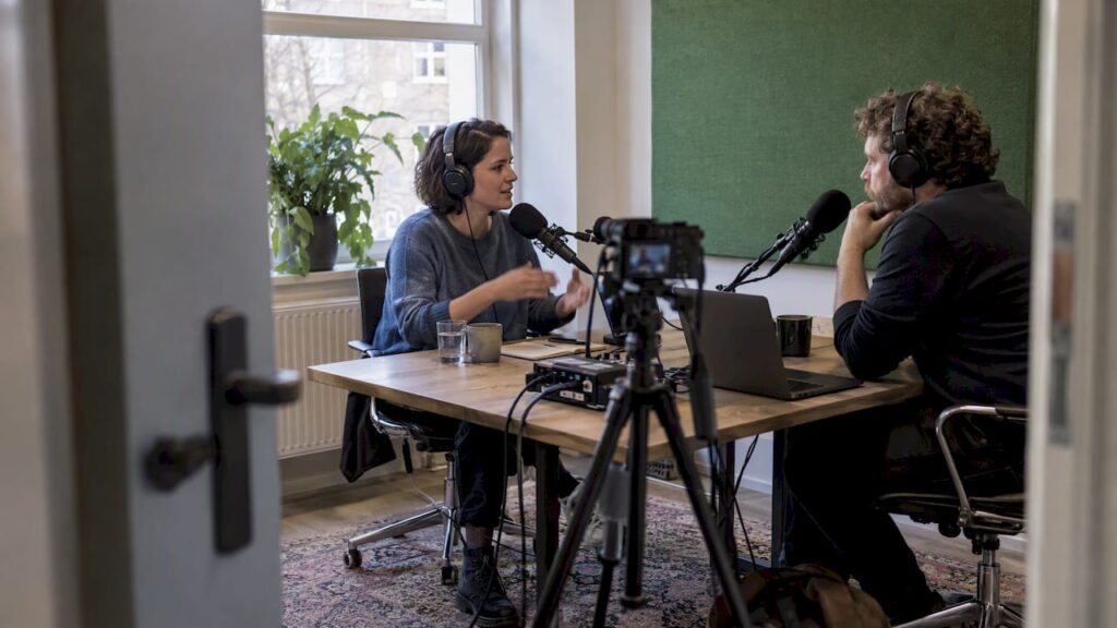 Zwei Moderatoren nehmen einen Videopodcast auf