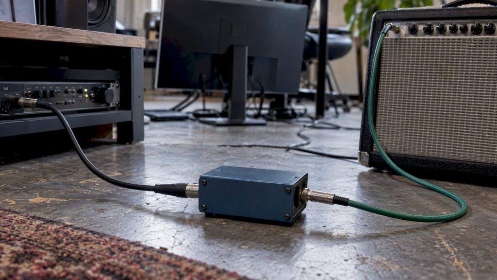 Reamp-Box zum Anschluss zwischen Interface und Gitarrenverstärker