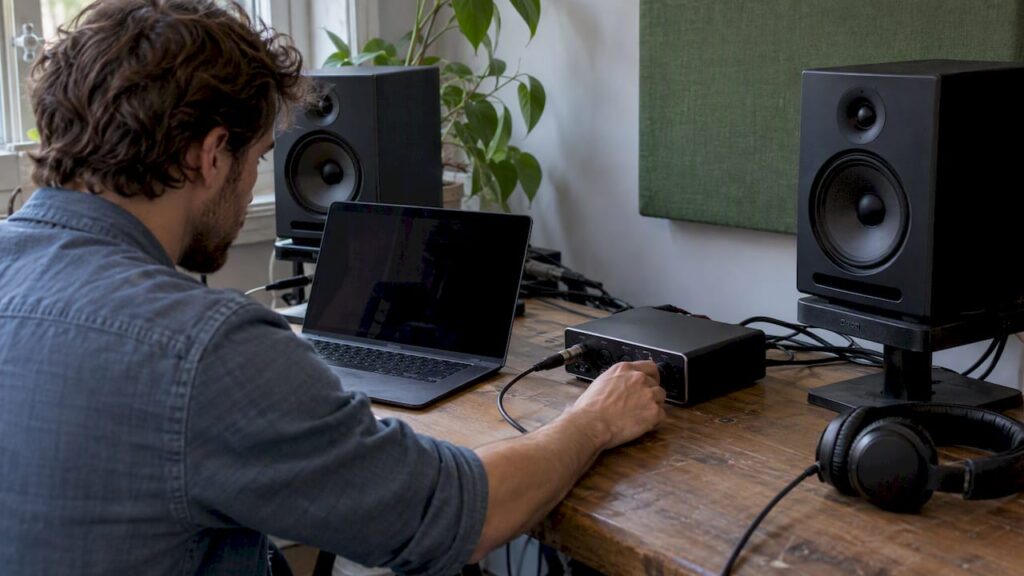 An die Studioausrüstung angeschlossenes Audio-Interface