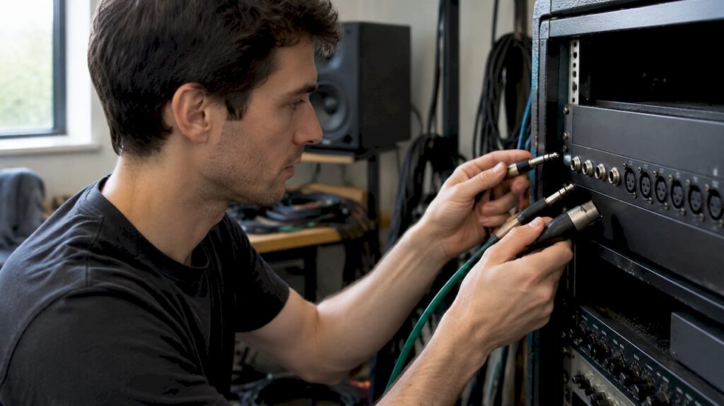 Techniker vergleicht TRS-, TS- und XLR-Stecker
