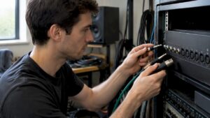 Techniker vergleicht TRS-, TS- und XLR-Stecker