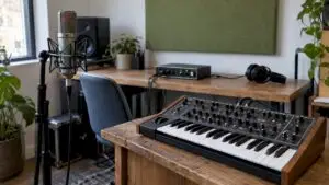 Mikrofon und Synthesizer an das Audio-Interface angeschlossen