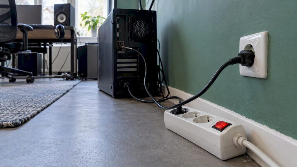 PC, angeschlossen an eine geschaltete Steckdosenleiste